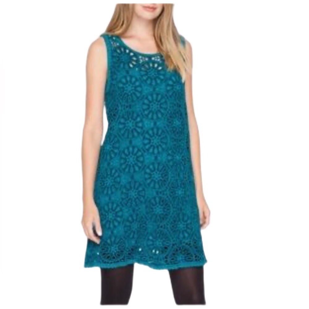 Johnny Was Teal Dial Medallion Embroidered Eyelet Shift Dress Size XS NWOT